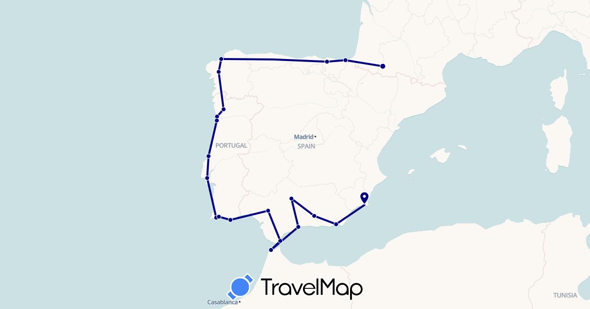 TravelMap itinerary: driving in Spain, France, Gibraltar, Morocco, Portugal (Africa, Europe)